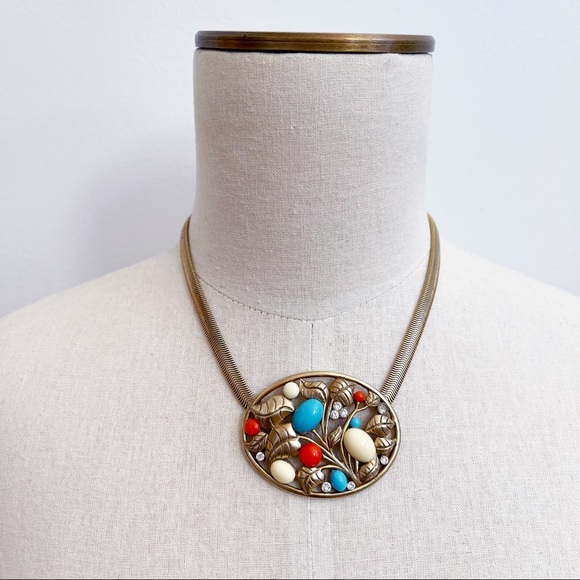 Jewelry - Gold Tone Faux Coral Turquoise Pendant Necklace